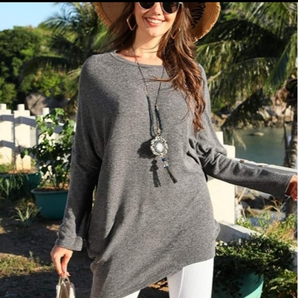 Gray Dolman Sleeve Oversized Asymmetrical Rayon Tunic Sweater Women's MEDIUM